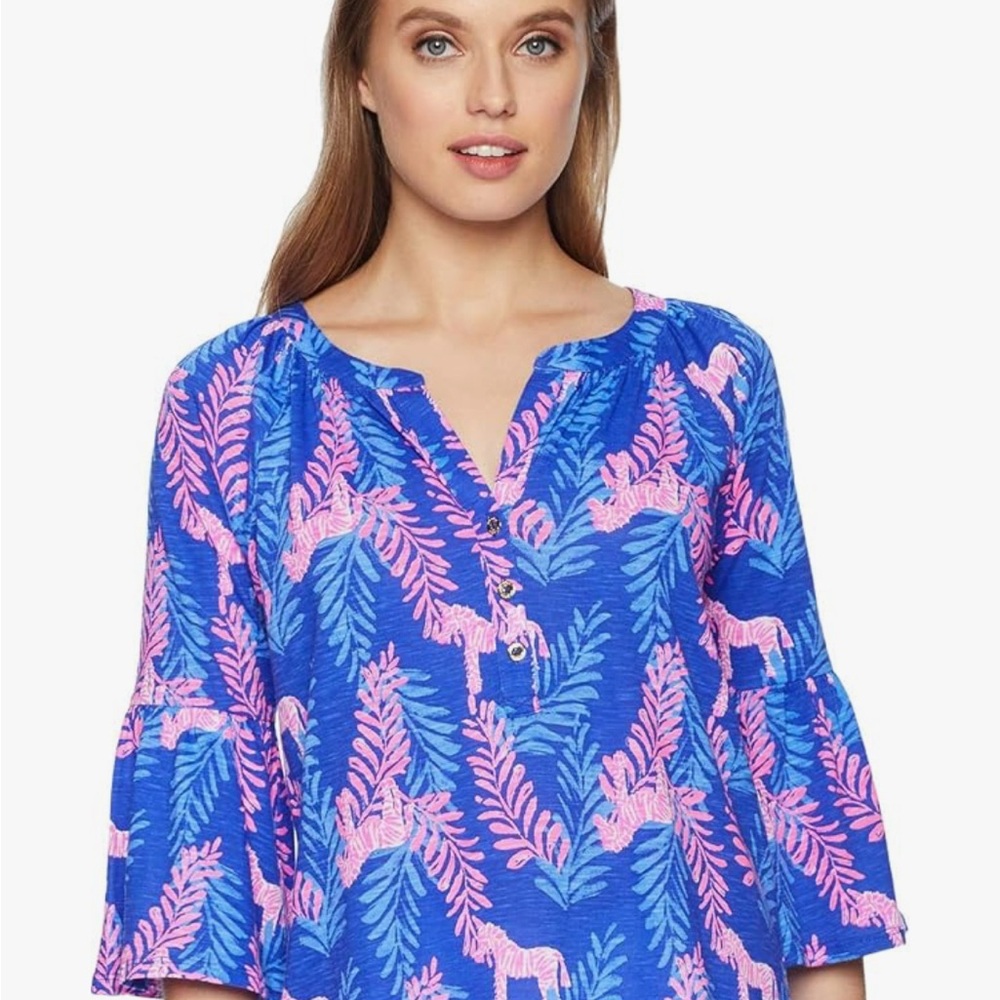 Lilly Pulitzer Blue Pink 3/4 Sleeve Graphic Blouse